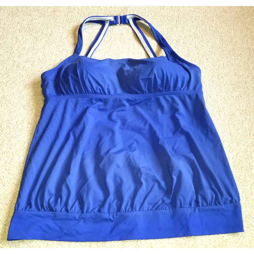 Womens Swim Suit-LANDS' END-royal blue nylon stretch tankini top racerback-14